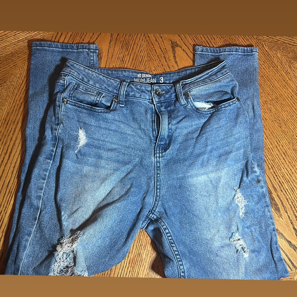 Women's Blue Distressed Mom Jeans